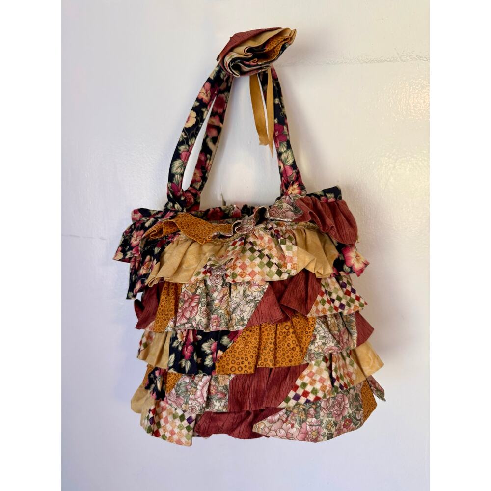 Vintage Handmade Patchwork Ruffle Multi Print Unique Shoulder Bag Cotton Purse